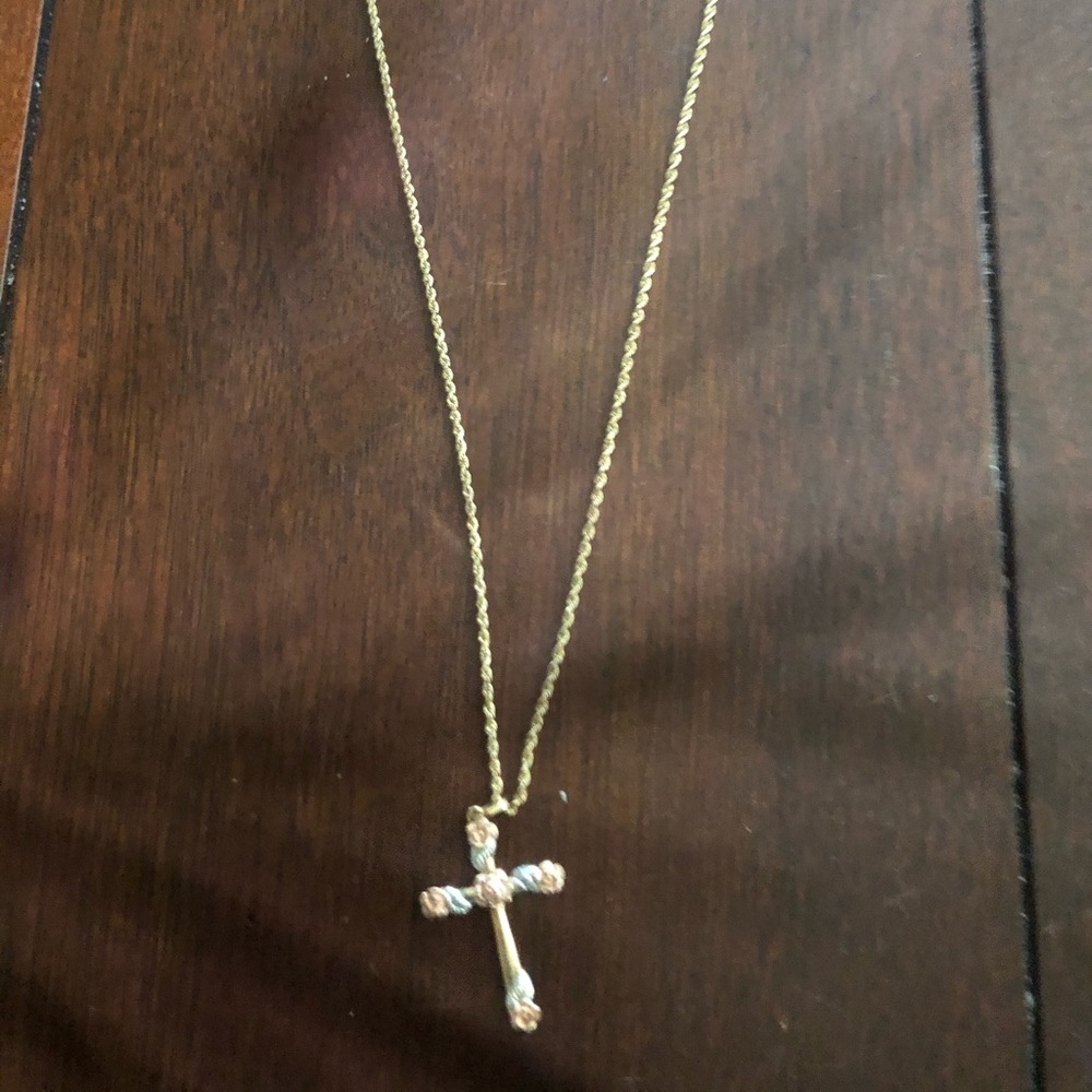 14kt gold 18 in rope chain with tri color cross
